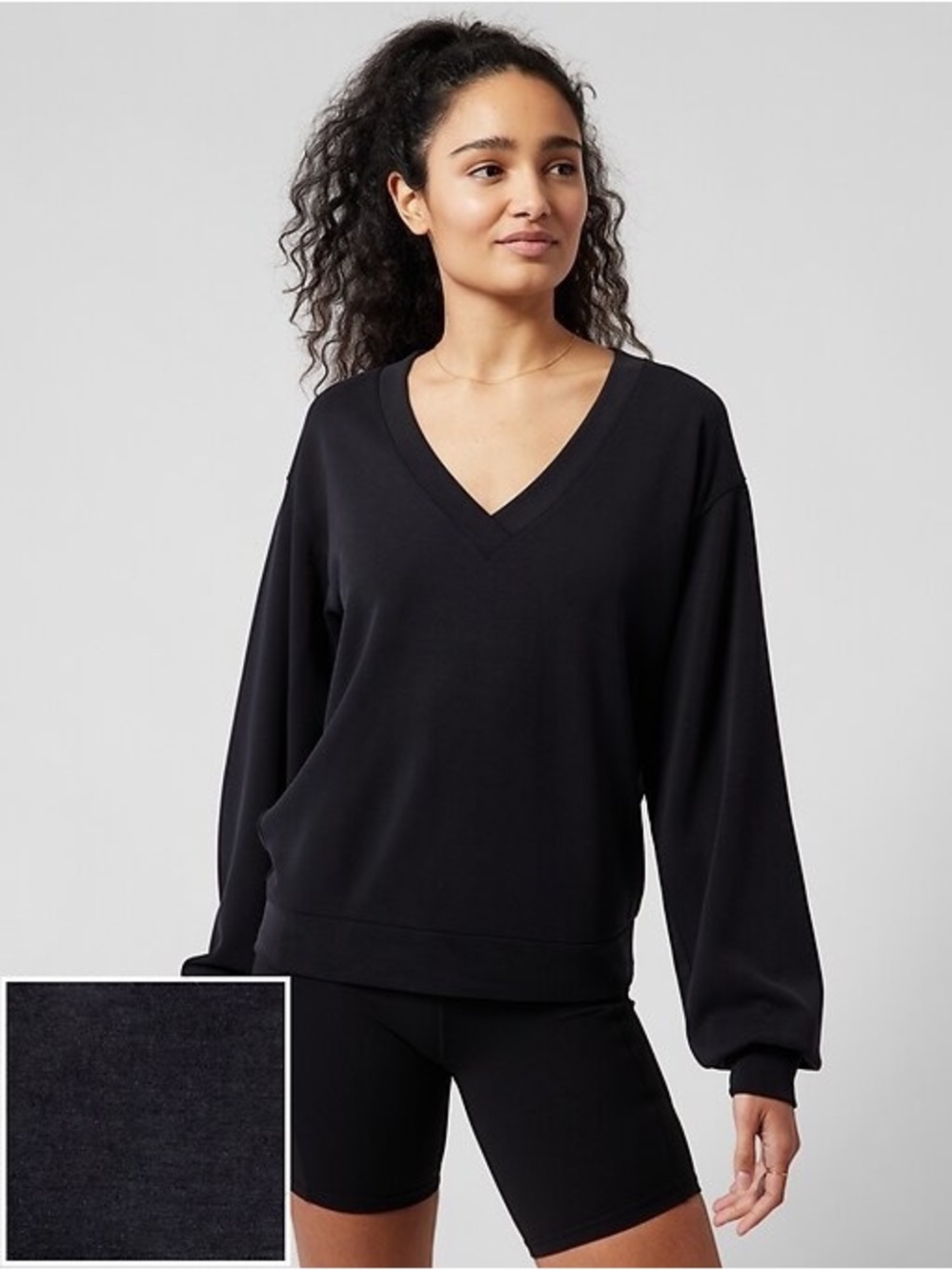 Athleta Seasoft V-Neck Sweatshirt Pullover Black Cozy Breathable Lightweight XL